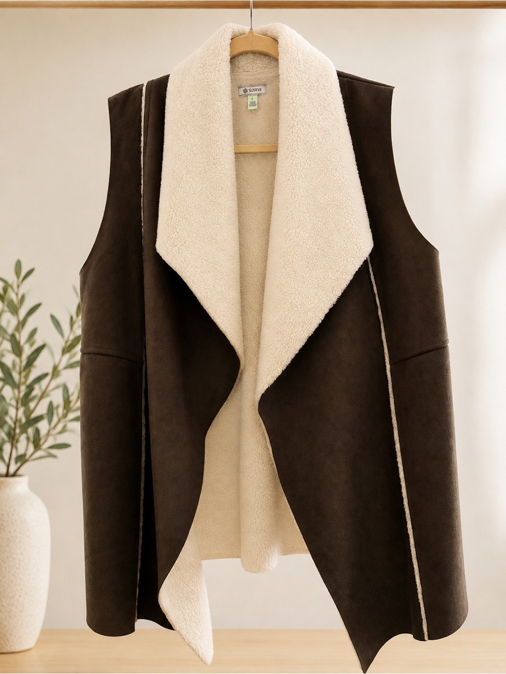 Susina Brown Faux Shearling Open-Front Vest with Cream Lining